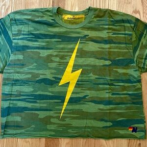 Aviator Nation Green Camouflage Boyfriend Tee with Yellow Lightning Bolt